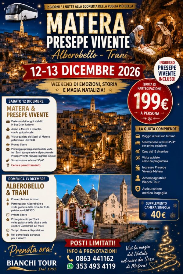 🚌✨ MATERA • ALBEROBELLO • TRANI ✨🎄 📅 12 – 13 DICEMBRE 2026