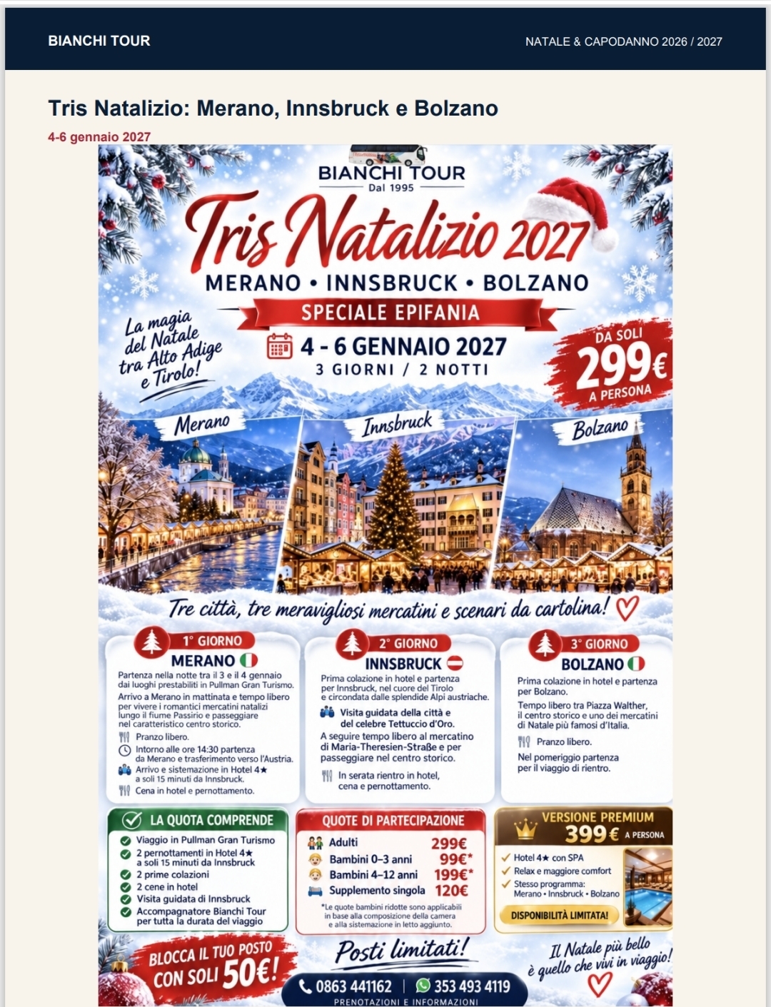 Tris Natalizio MERANO, INNSBRUCK, BOLZANO 4 - 6 GENNAIO 2027