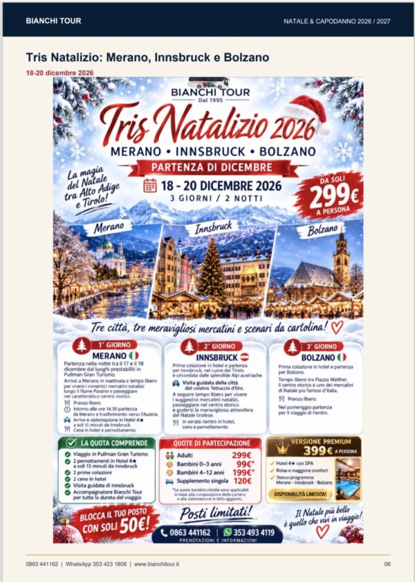 Tris Natalizio MERANO, INNSBRUCK, BOLZANO 18 - 20 DICEMBRE 2026